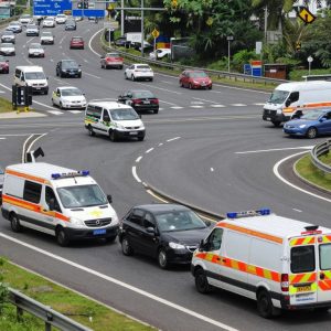 Emergency vehicles at the scene of an accident on MO-152 West and I-29 North in Kansas City, Missouri.