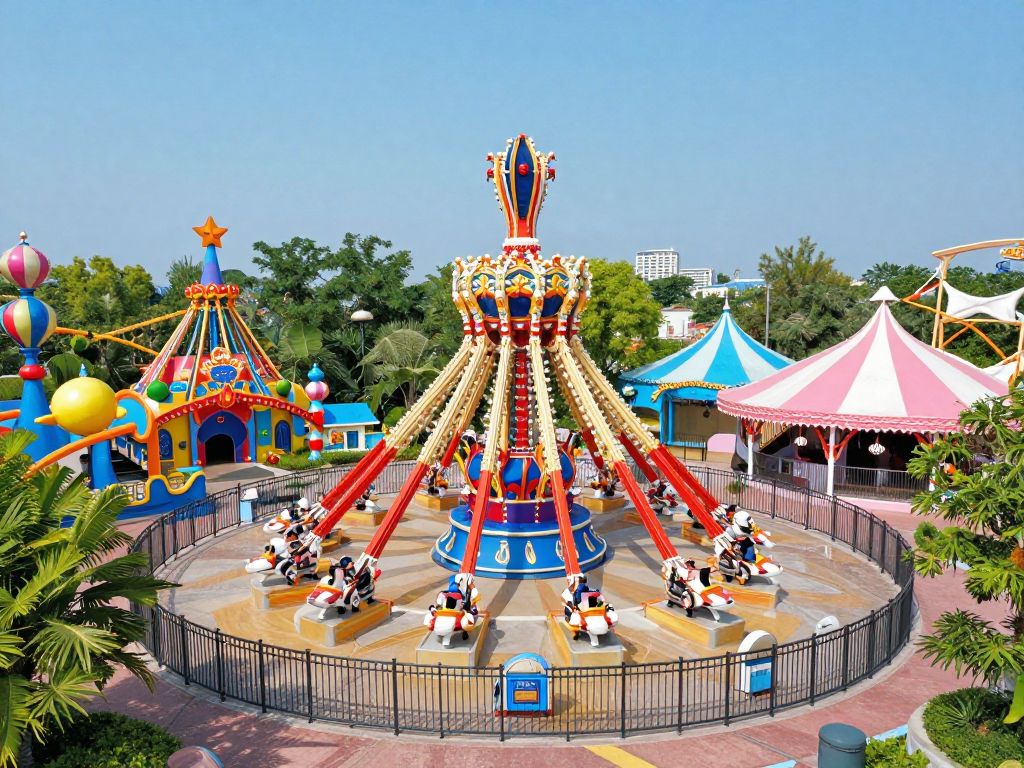 Conceptual artwork of an amusement park under the theme 'Enchanted Parks'.