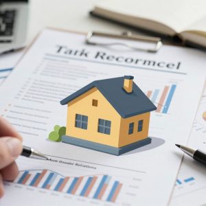 Illustration of financial documents and charts symbolizing tax reporting.