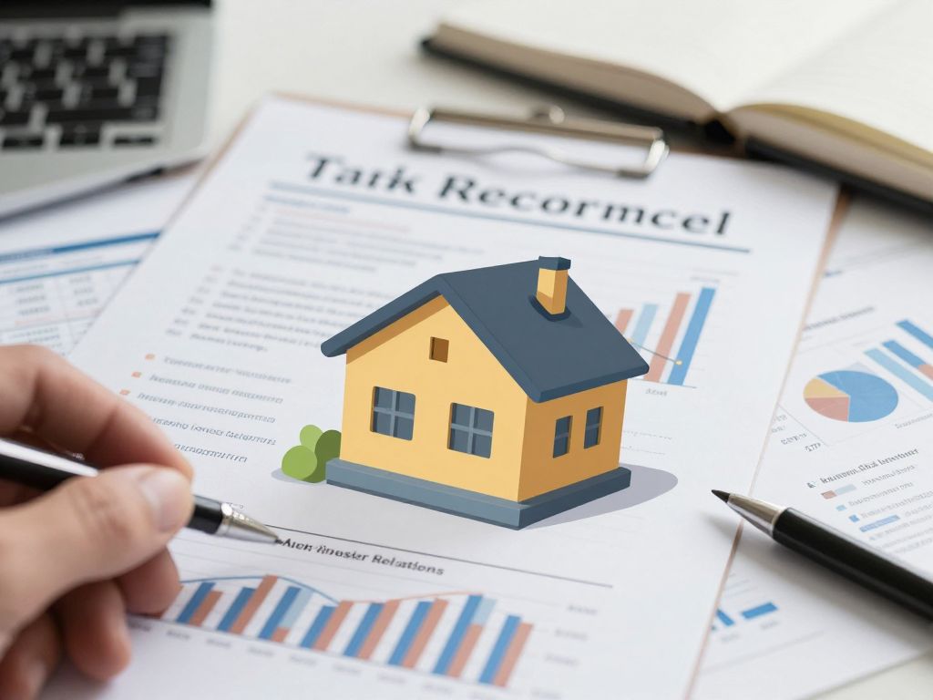 Illustration of financial documents and charts symbolizing tax reporting.