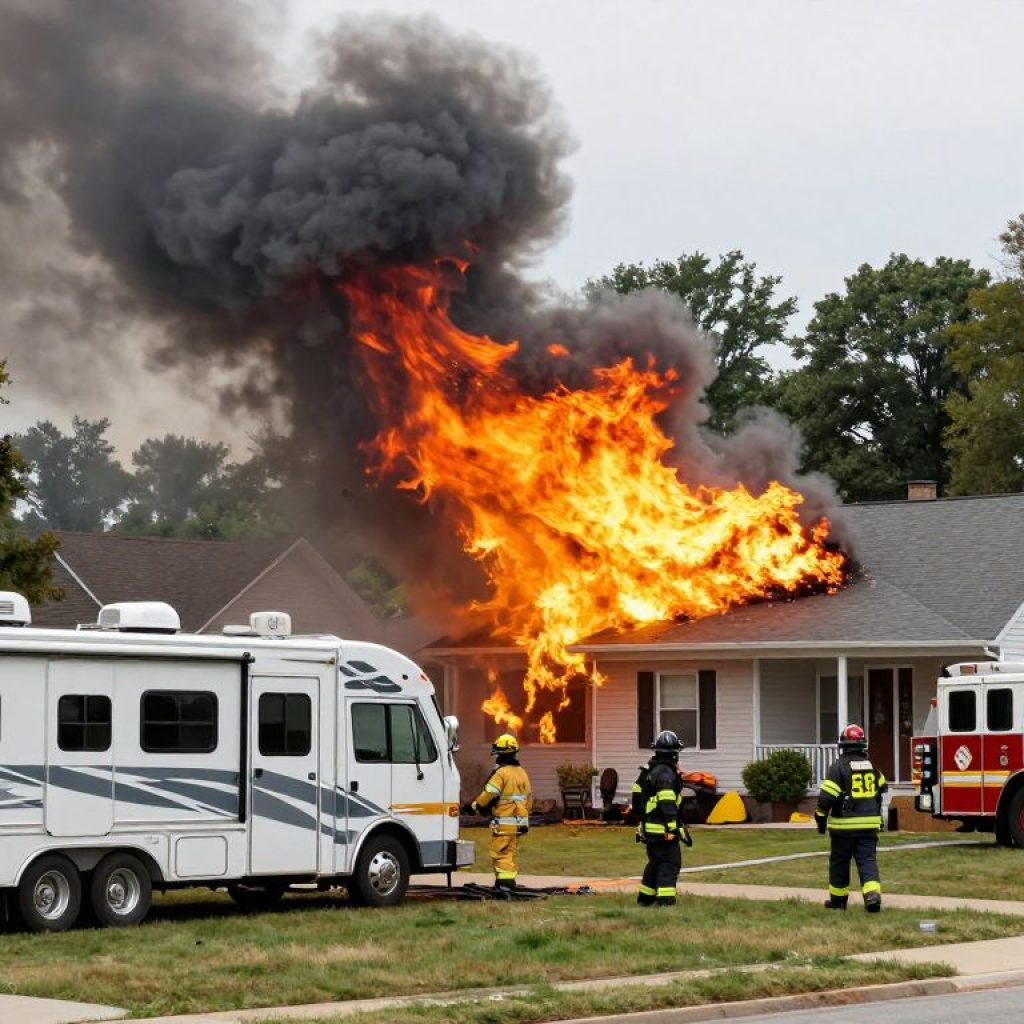 Firefighters responding to a fire incident in Kansas City involving an RV and adjoining house