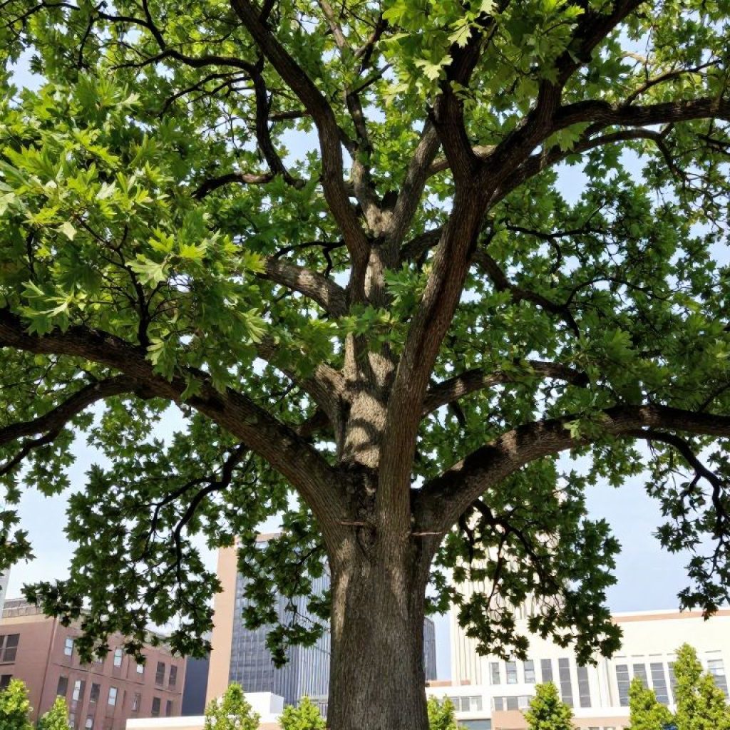 Bur oak tree known as Frank the Liberty Tree with Kansas City skyline.
