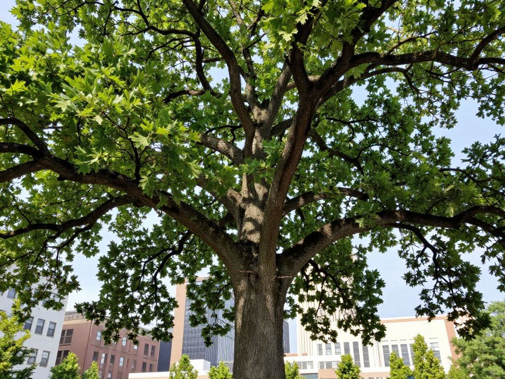 Bur oak tree known as Frank the Liberty Tree with Kansas City skyline.