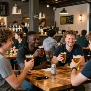 Customers enjoying drinks in Fringe Beerworks, a thriving craft brewery.