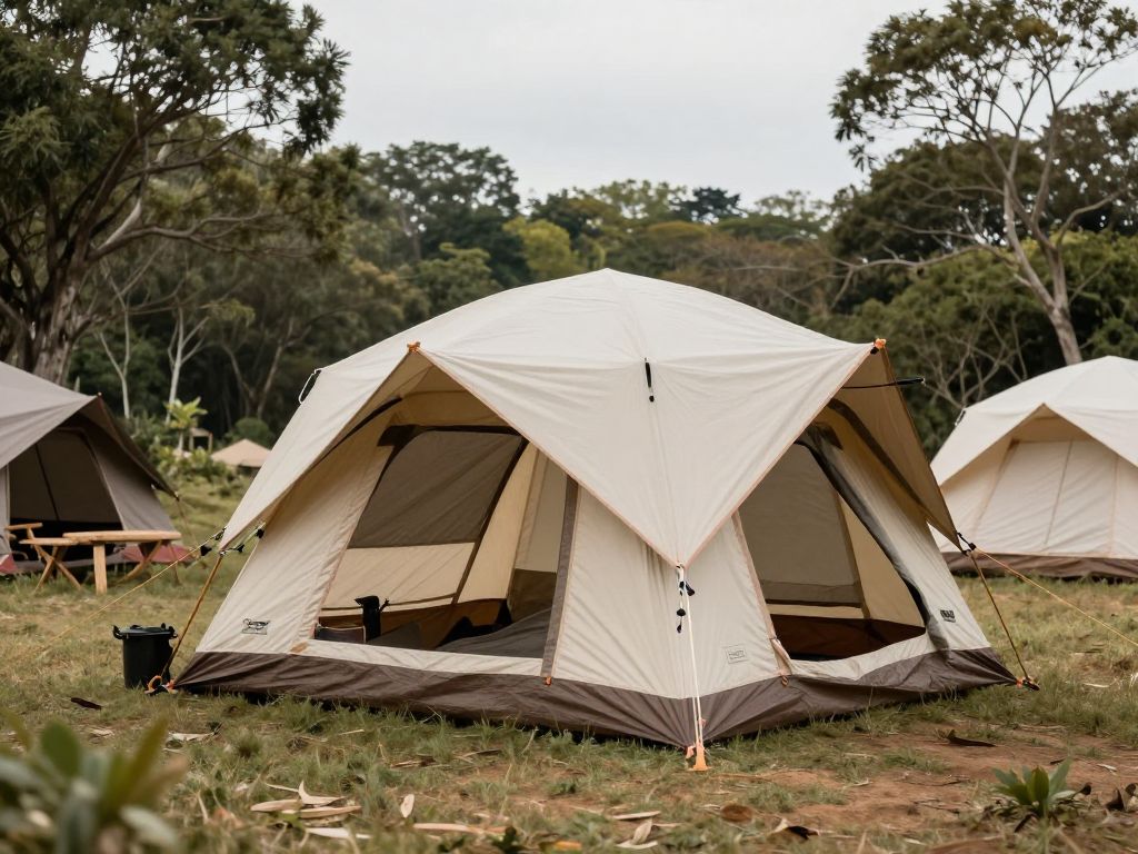 Luxurious glamping setup in a natural outdoor environment.