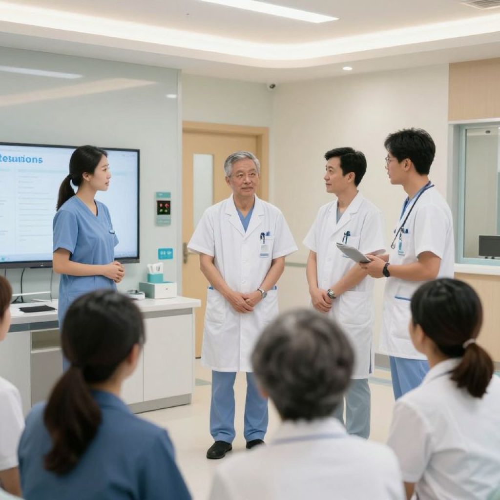 Healthcare professionals interacting in a modern hospital in Missouri.