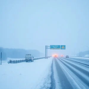 Snow-covered highway with warning signage