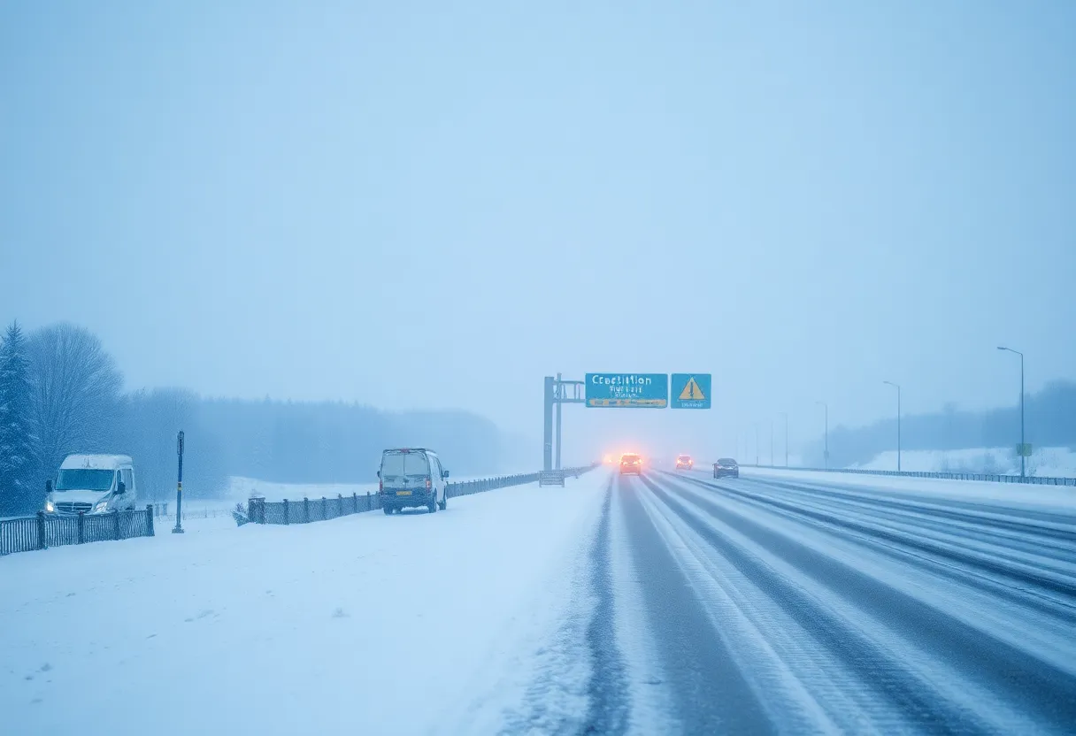 Snow-covered highway with warning signage