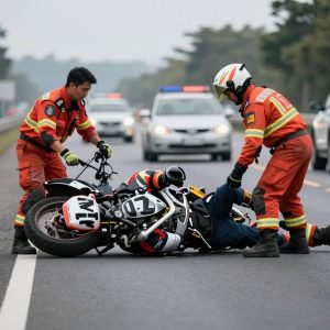 Scene of a motorcycle accident with emergency vehicles