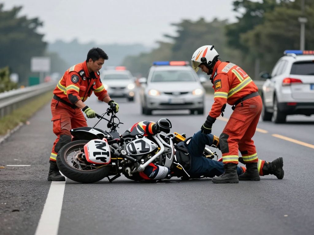 Scene of a motorcycle accident with emergency vehicles