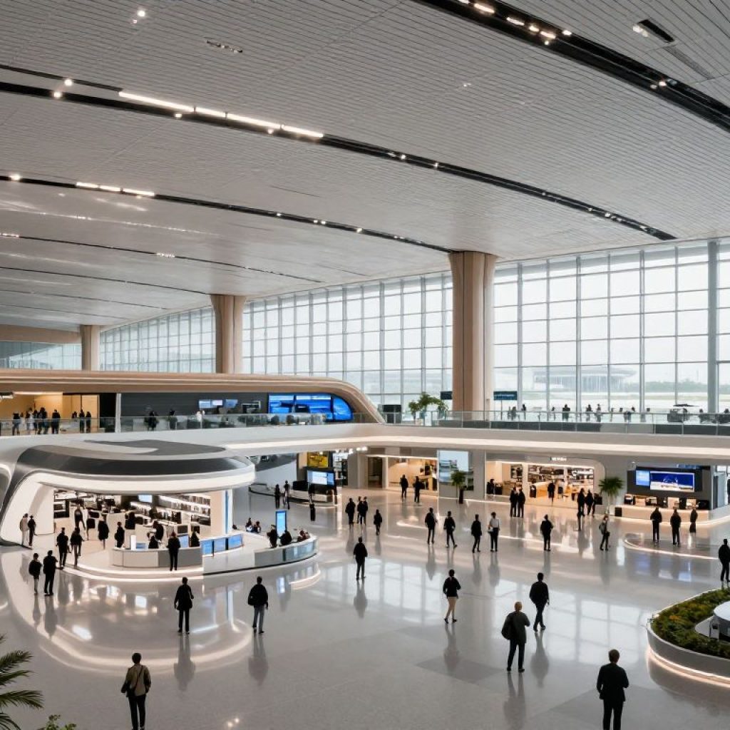 Futuristic design of HOK architecture projects including airport terminals and research hubs.