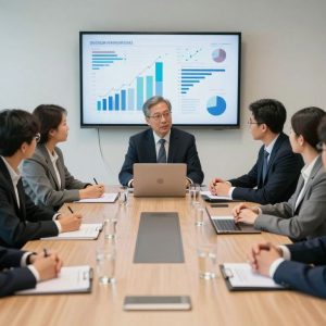 Diverse professionals in a boardroom meeting discussing strategic growth.