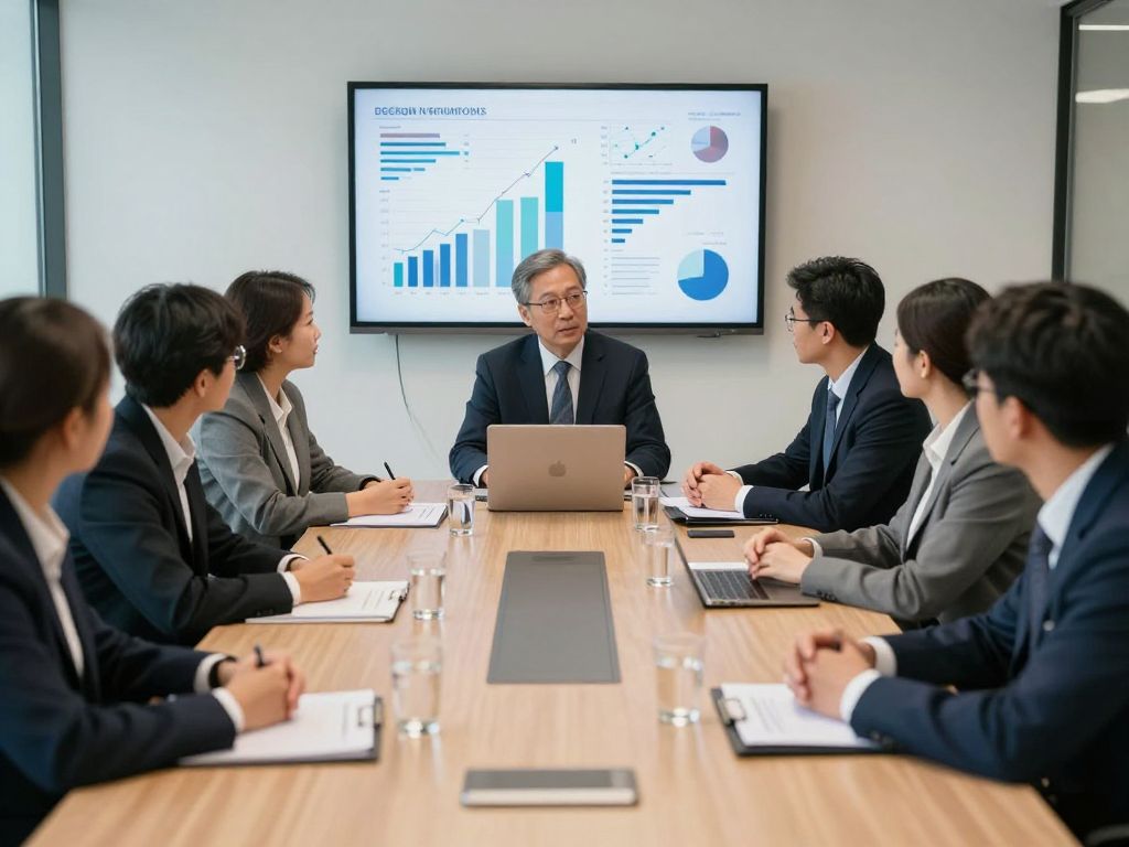 Diverse professionals in a boardroom meeting discussing strategic growth.