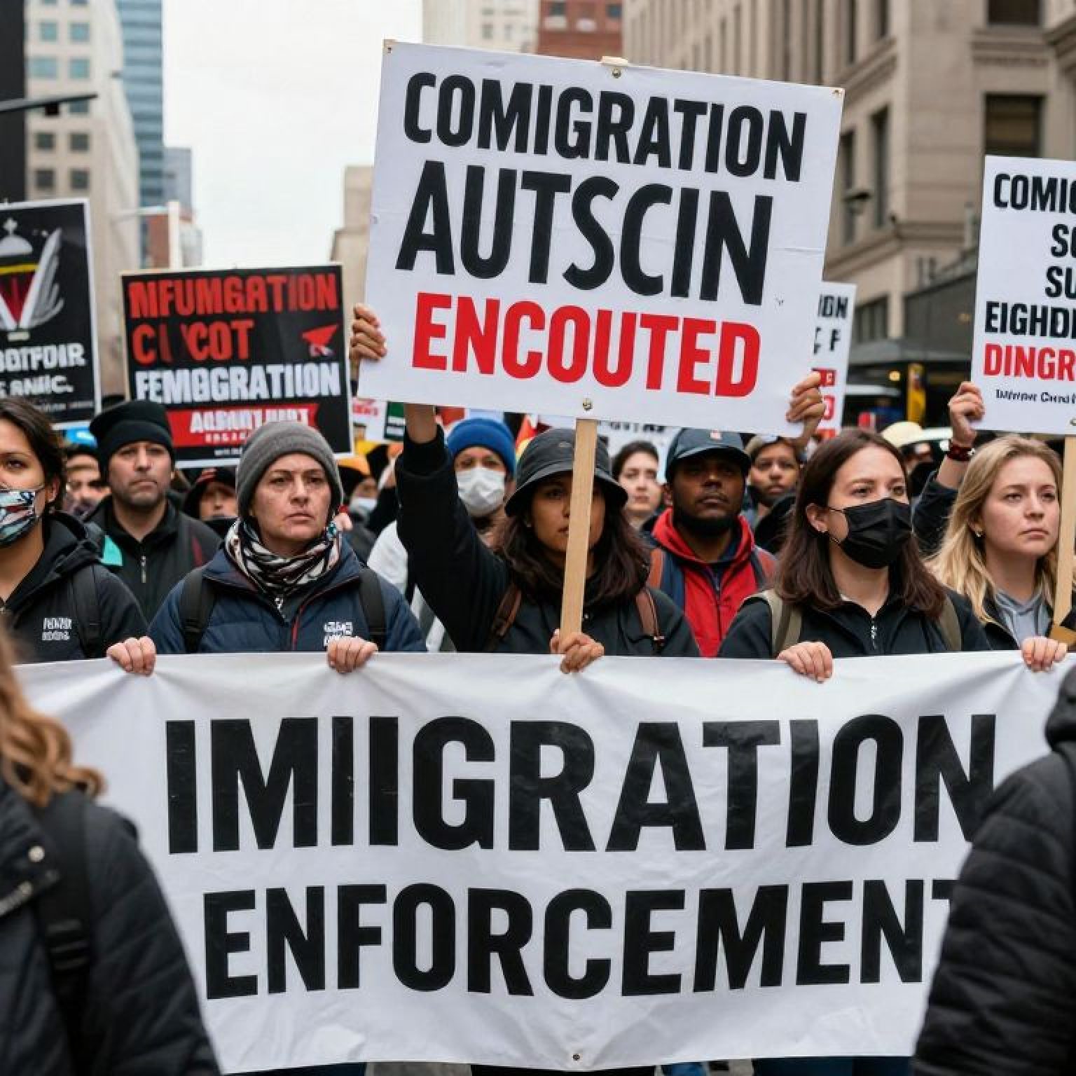 Crowd protesting against immigration enforcement in a city setting.