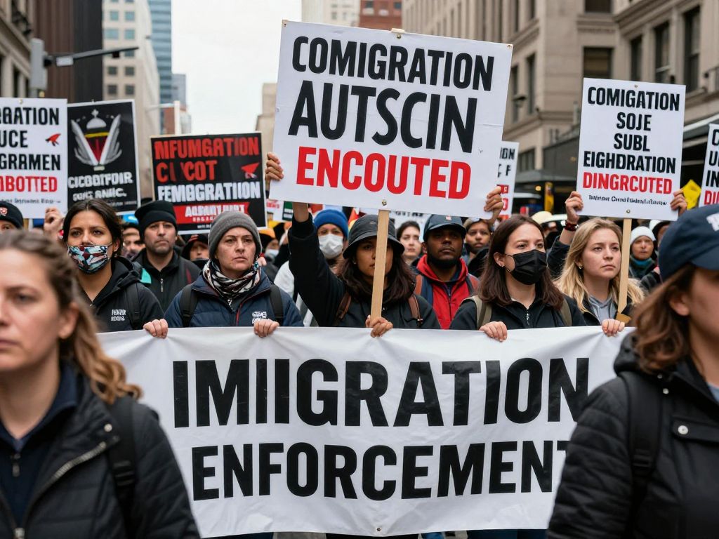 Crowd protesting against immigration enforcement in a city setting.