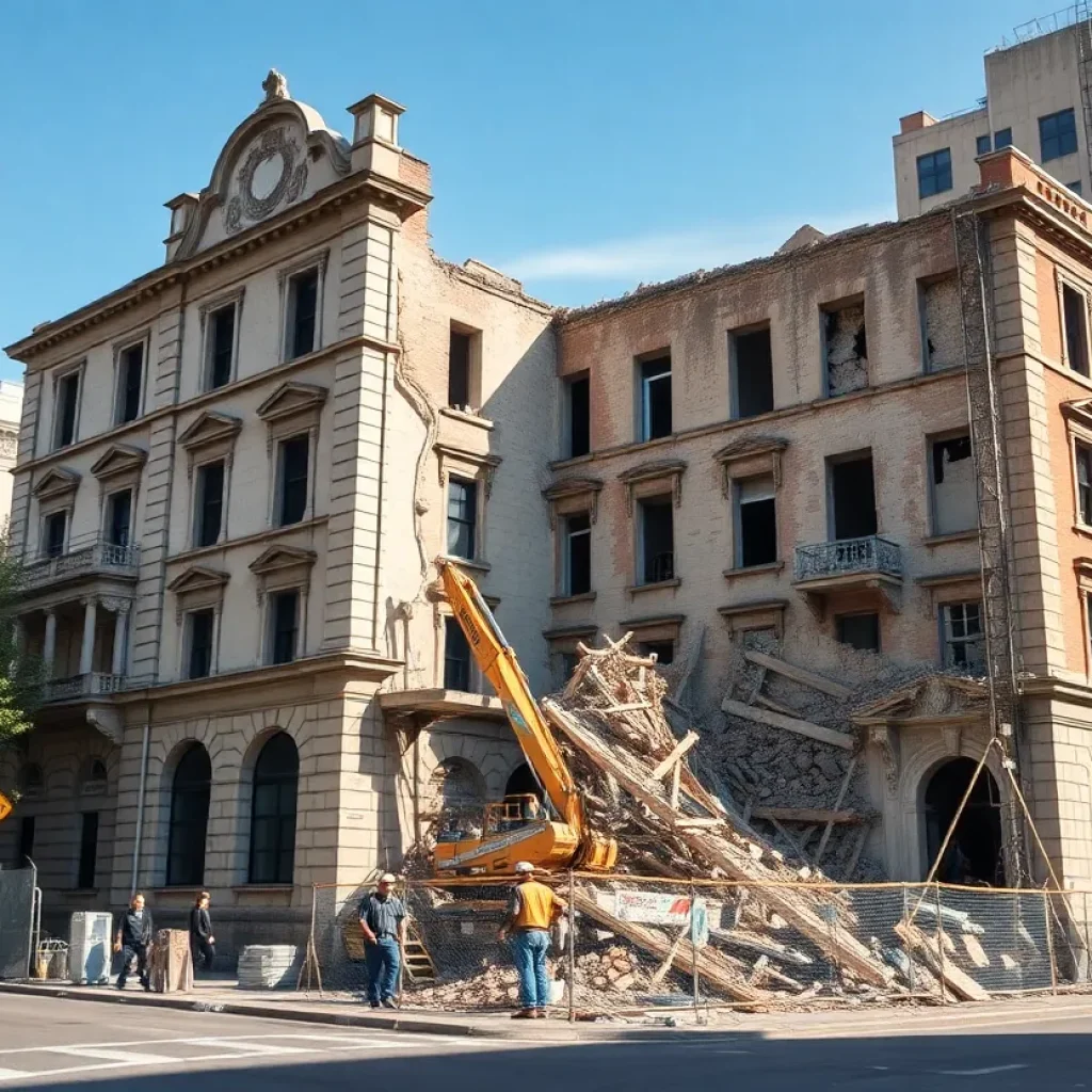 Demolition of the Jeserich building on a city street in Kansas City