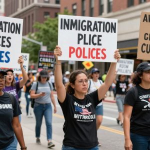 Demonstrators at an anti-ICE protest in downtown Kansas City