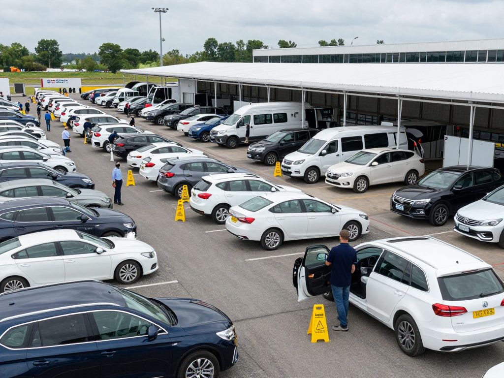 Kansas City auto auction scene showing vehicles and safety signage