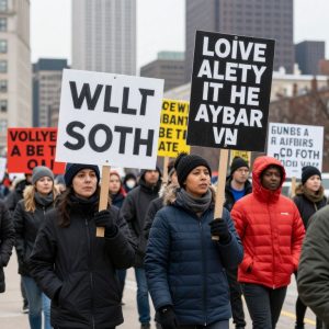 Participants marching during the Black Out event in downtown Kansas City.