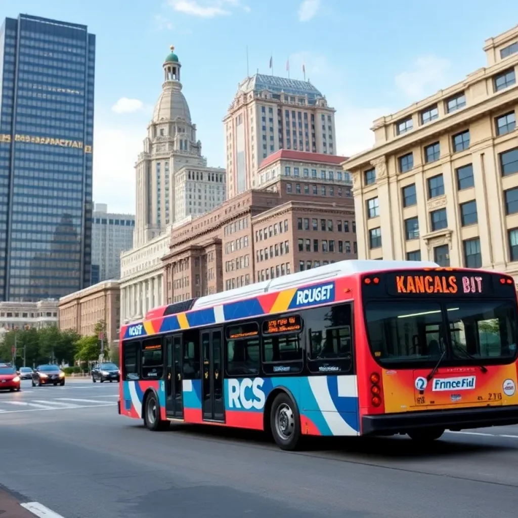 A city bus in Kansas City navigating the urban landscape.