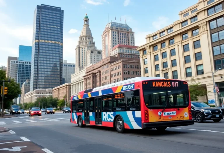 A city bus in Kansas City navigating the urban landscape.
