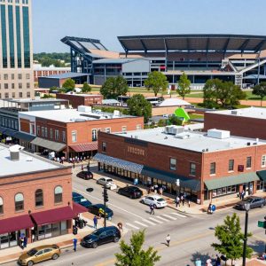 Kansas City, Kansas, cityscape with local businesses and stadium site