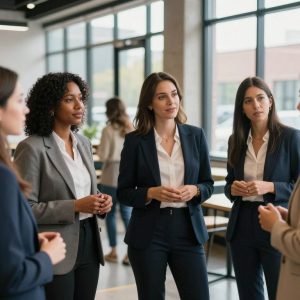 A diverse group of businesswomen engaging in networking at a Kansas City event.