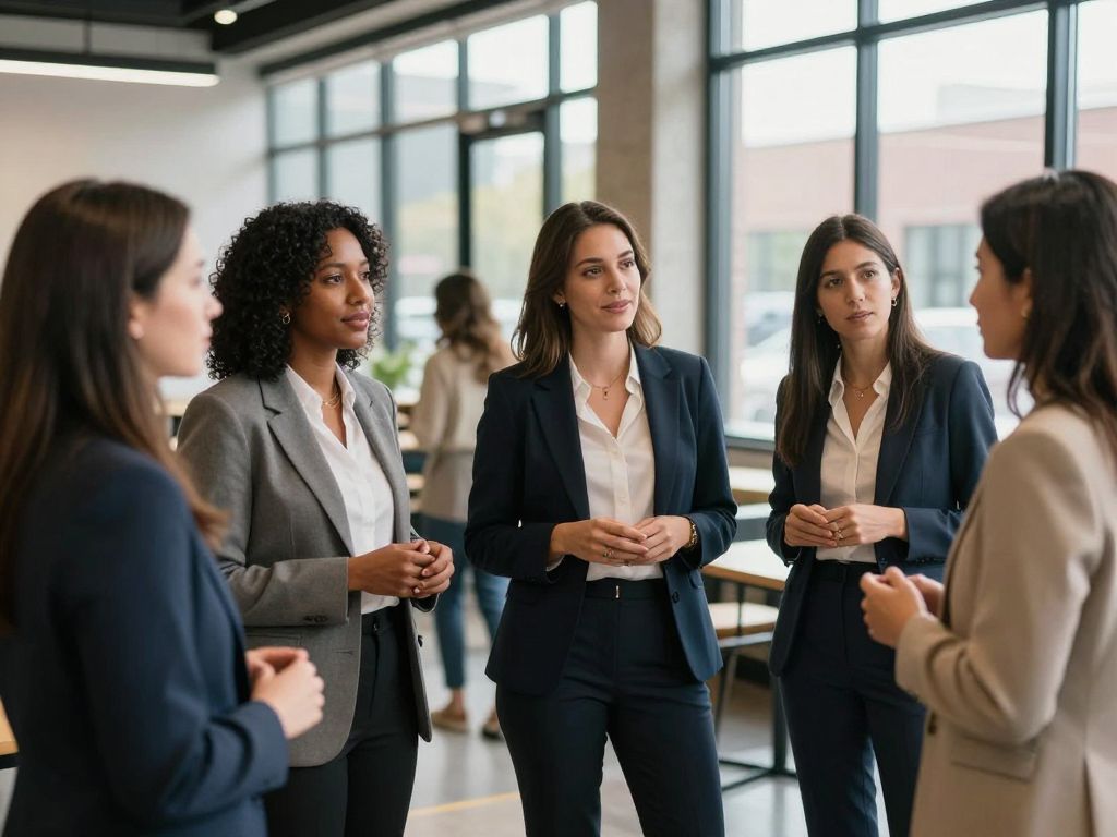 A diverse group of businesswomen engaging in networking at a Kansas City event.