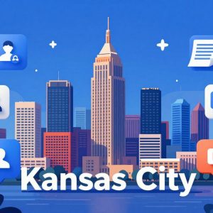 Kansas City skyline with digital marketing and AI icons
