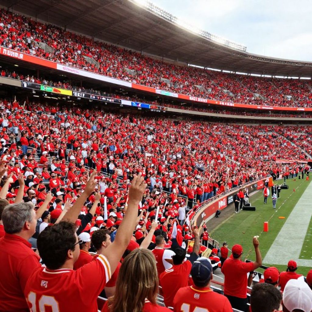 Cheering fans in a stadium wearing Kansas City Chiefs colors