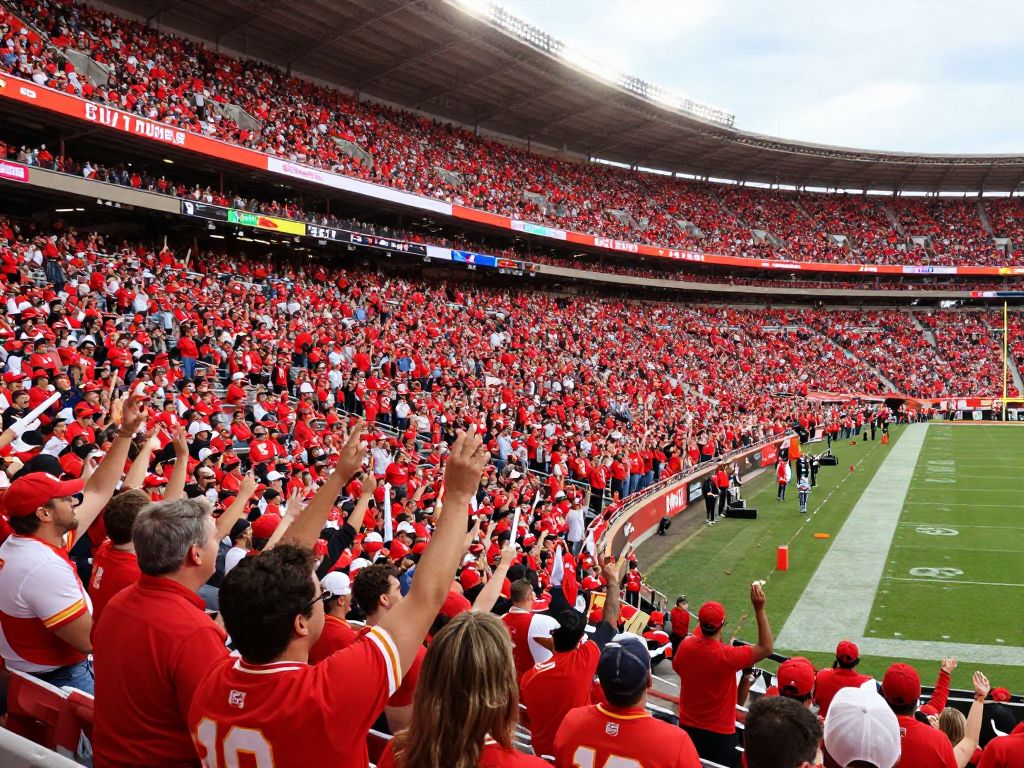 Cheering fans in a stadium wearing Kansas City Chiefs colors