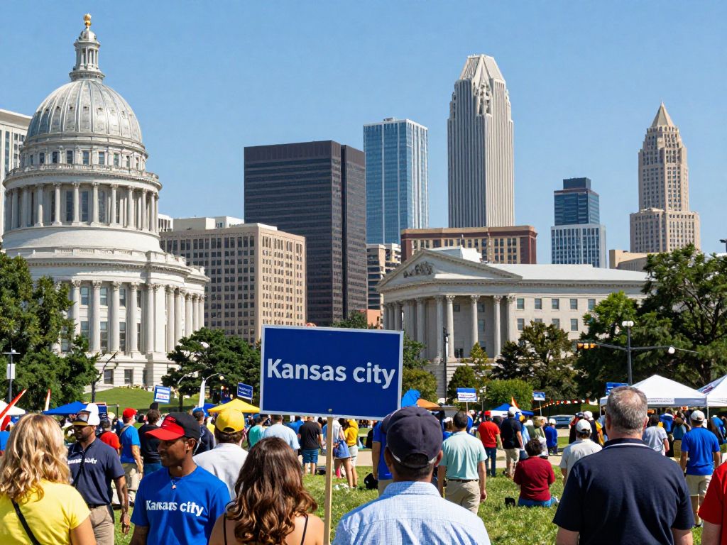 Kansas City skyline with elements symbolizing civic engagement