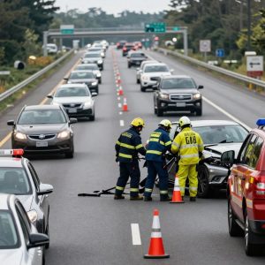 Emergency personnel at the scene of a vehicle collision on a busy highway.