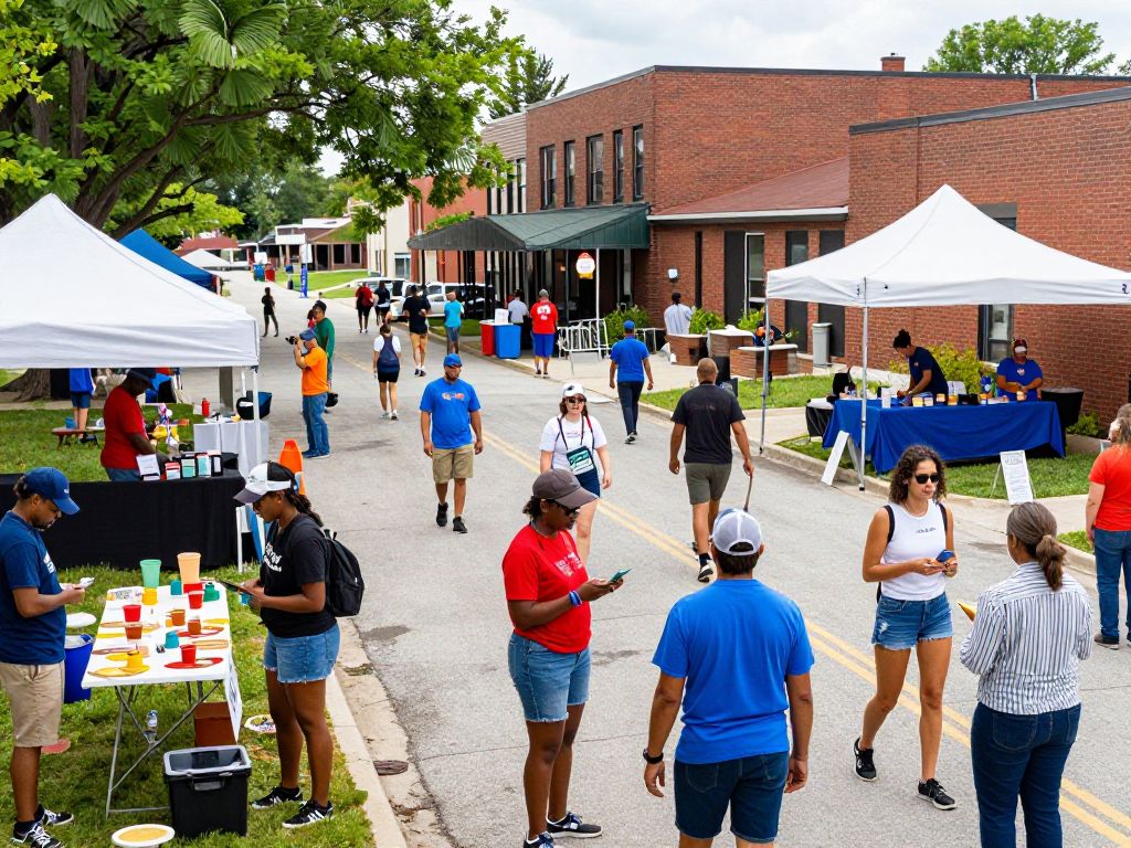 A vibrant display of community events and local businesses in Kansas City.