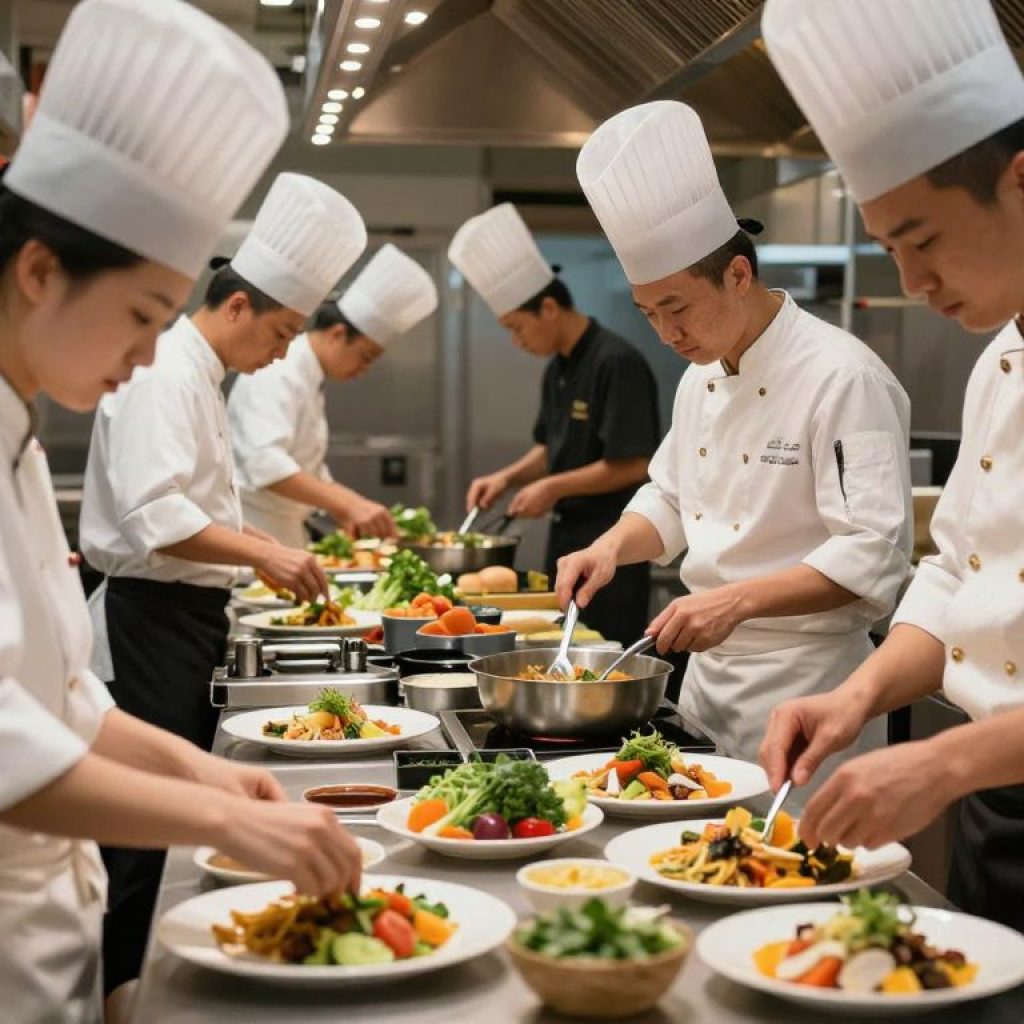 Chefs cooking in a bustling Kansas City restaurant kitchen.