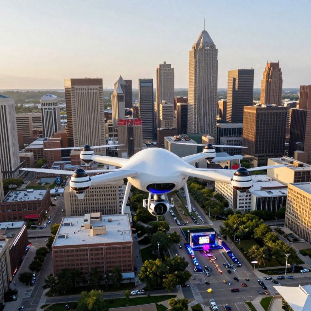 Drone surveillance in downtown Kansas City during the FIFA World Cup preparations.