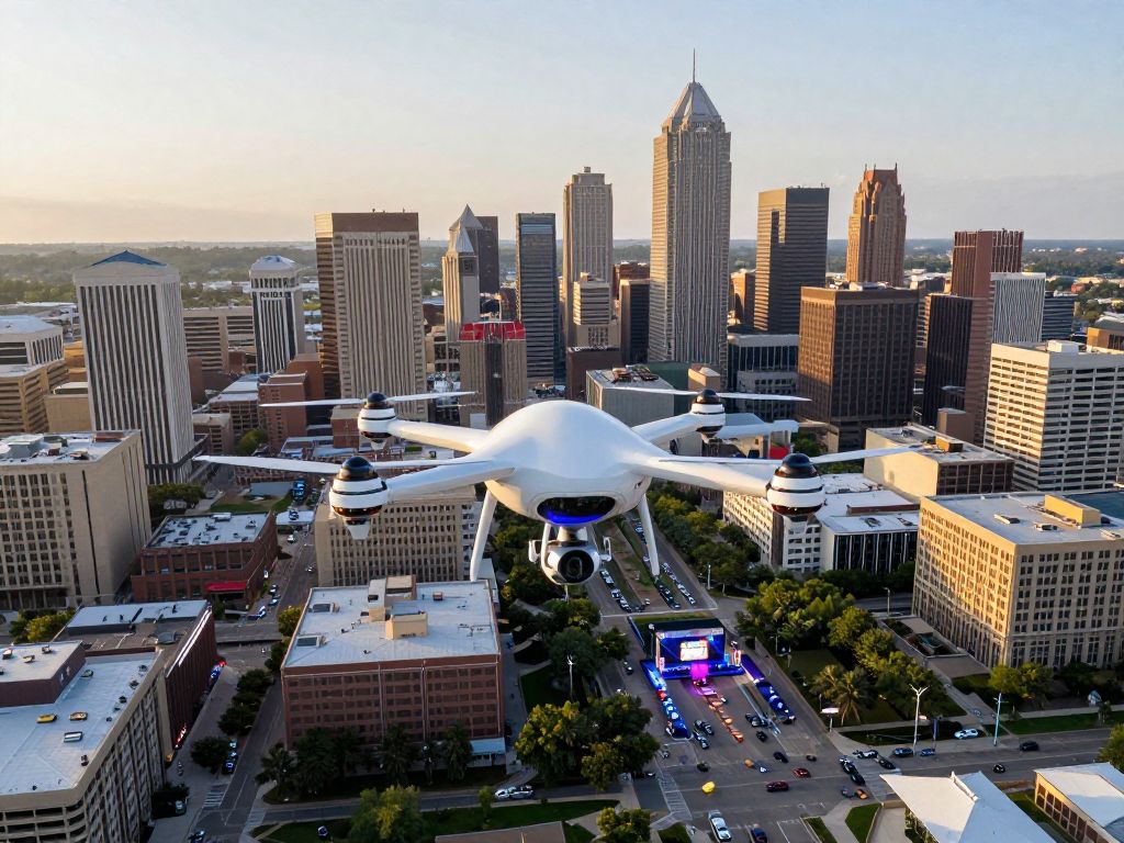 Drone surveillance in downtown Kansas City during the FIFA World Cup preparations.
