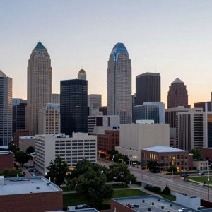 Skyline of Kansas City, MO during sunset