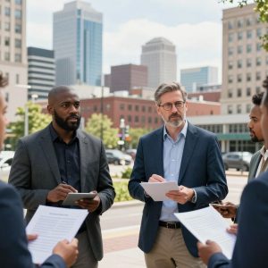 Entrepreneurs in Kansas City discussing innovative business strategies outdoors.