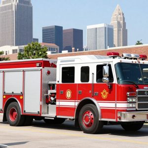 Fire truck in front of Kansas City skyline representing public safety leadership