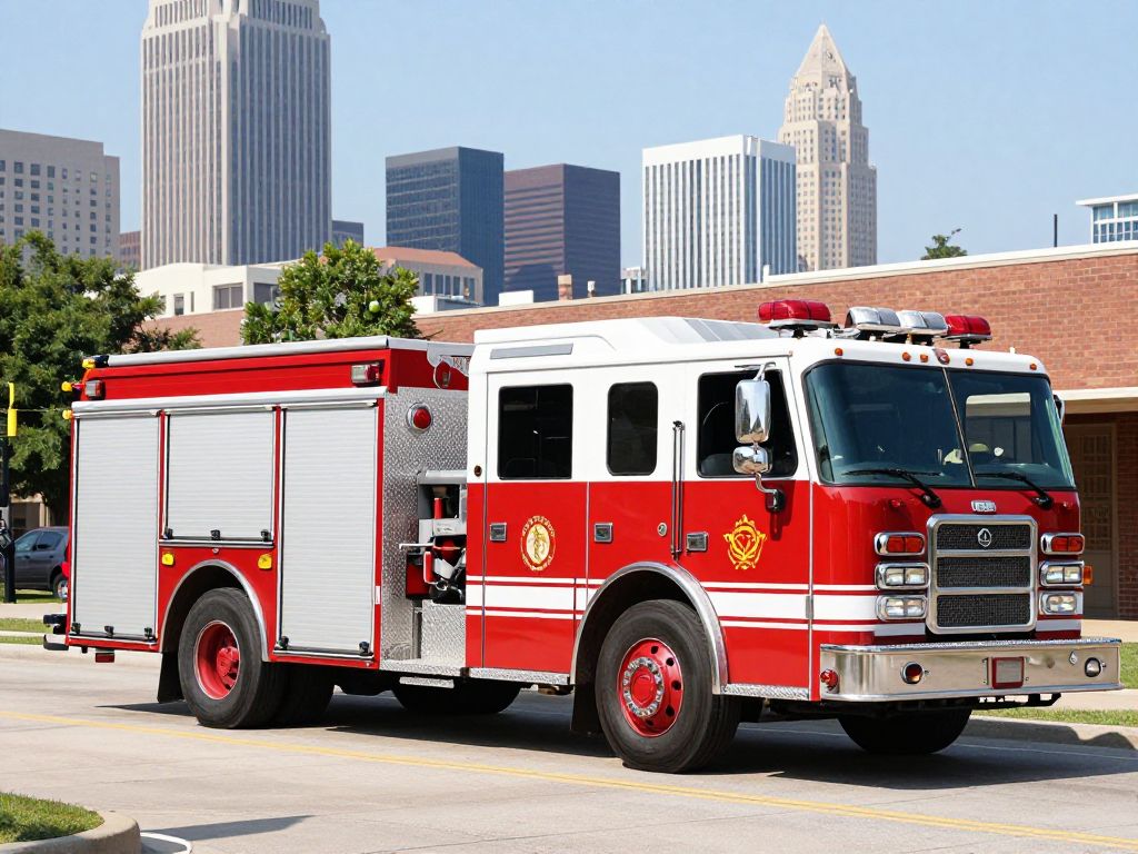 Fire truck in front of Kansas City skyline representing public safety leadership