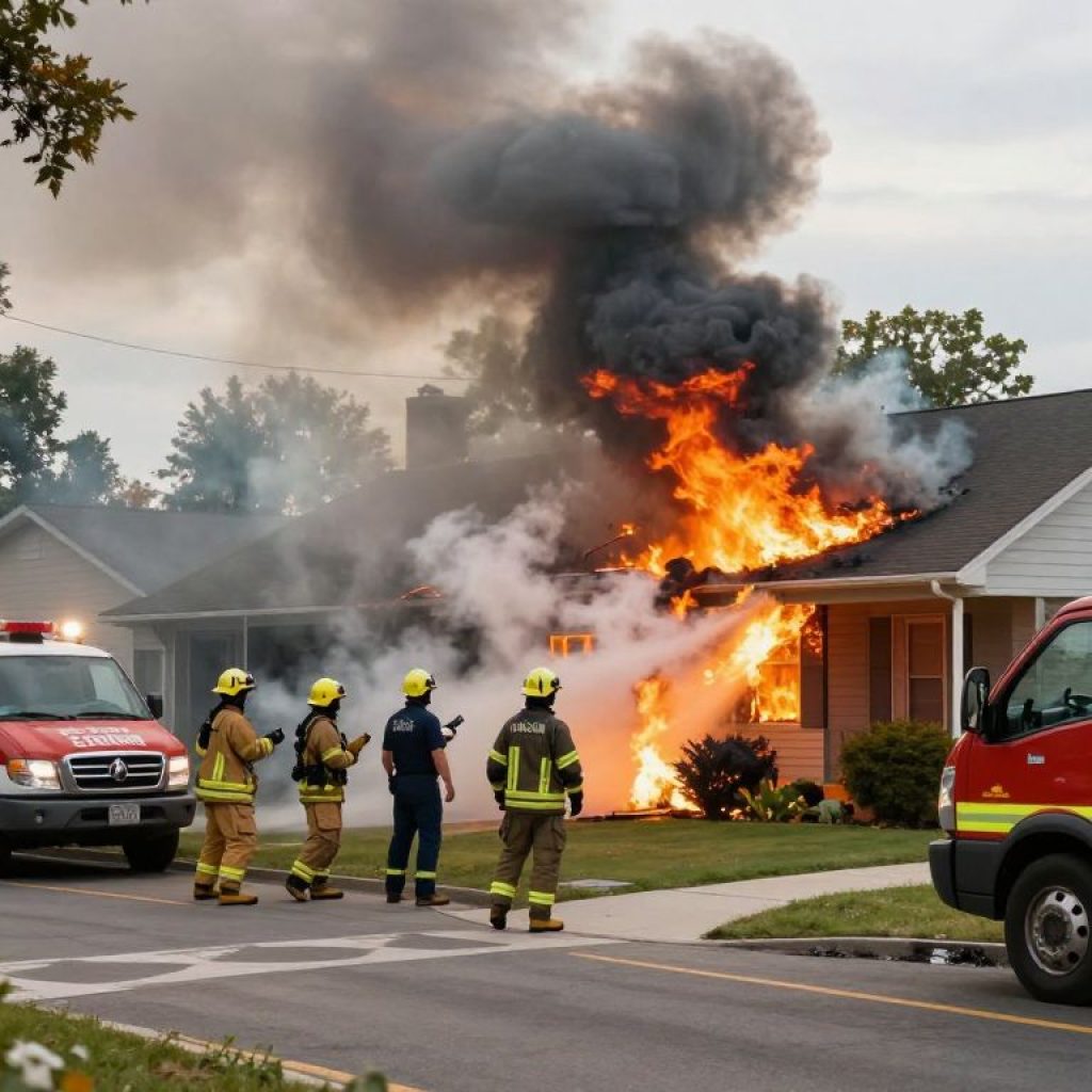 Firefighters extinguishing a house fire in Kansas City