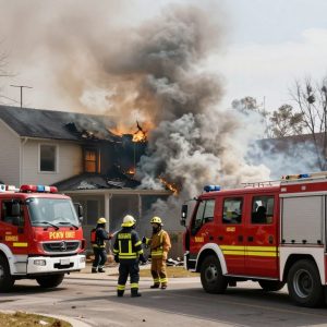 Emergency responders at the scene of a residential fire in Kansas City.