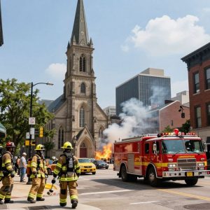 Firefighters responding to a blaze at a vacant church in Kansas City.
