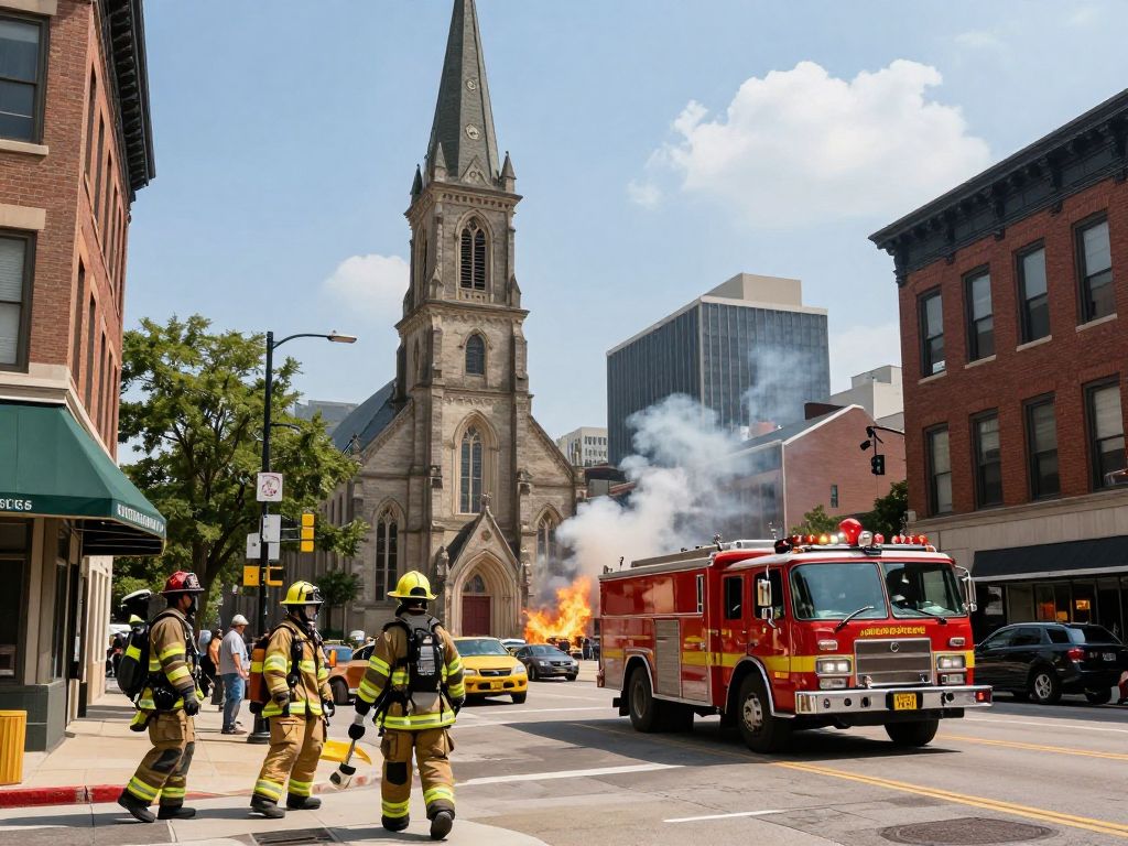 Firefighters responding to a blaze at a vacant church in Kansas City.