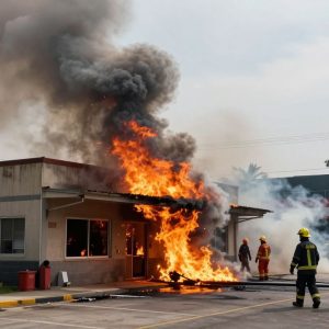 Firefighters battling a blaze at a two-story business building in Kansas City.