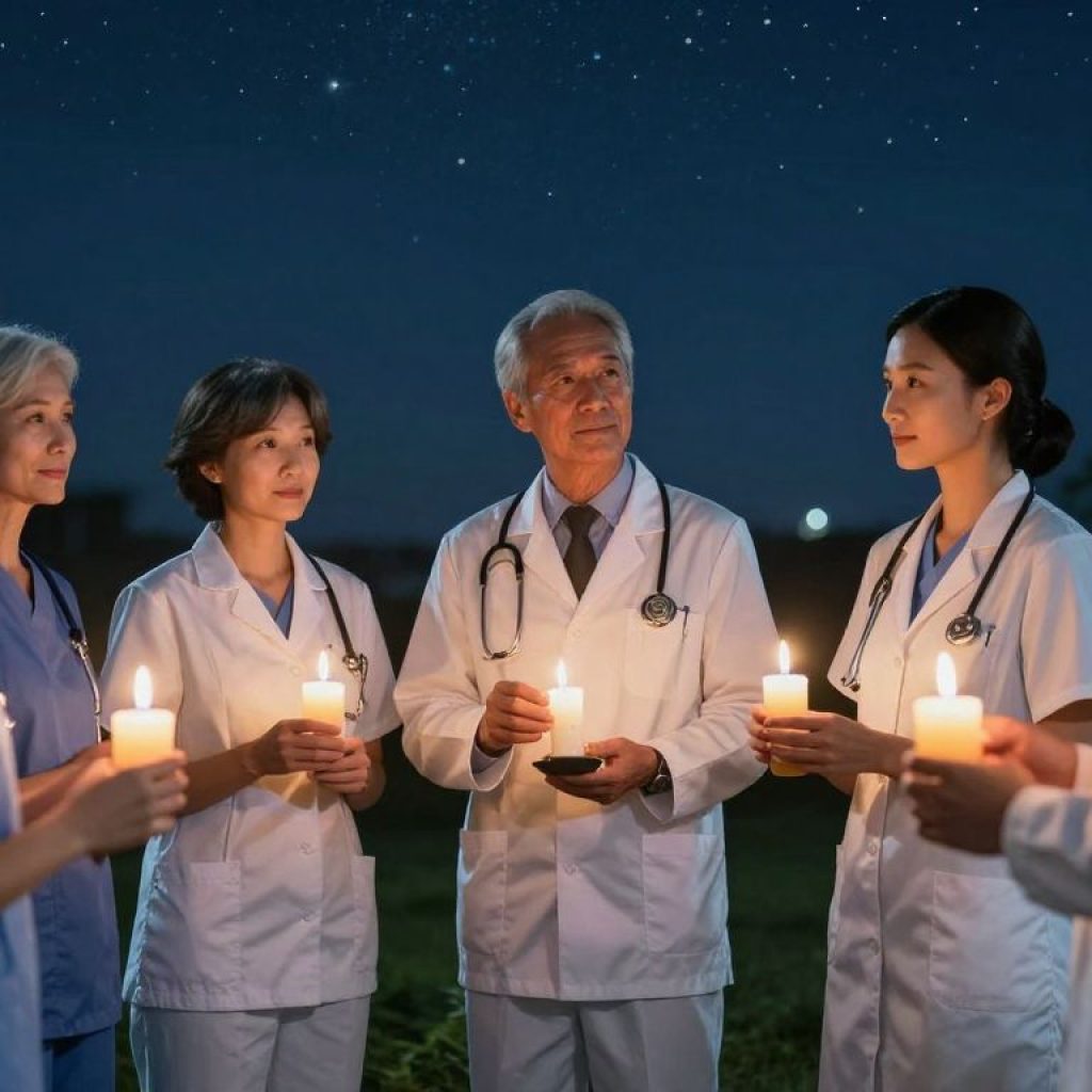 Healthcare workers holding candles during a vigil in Kansas City