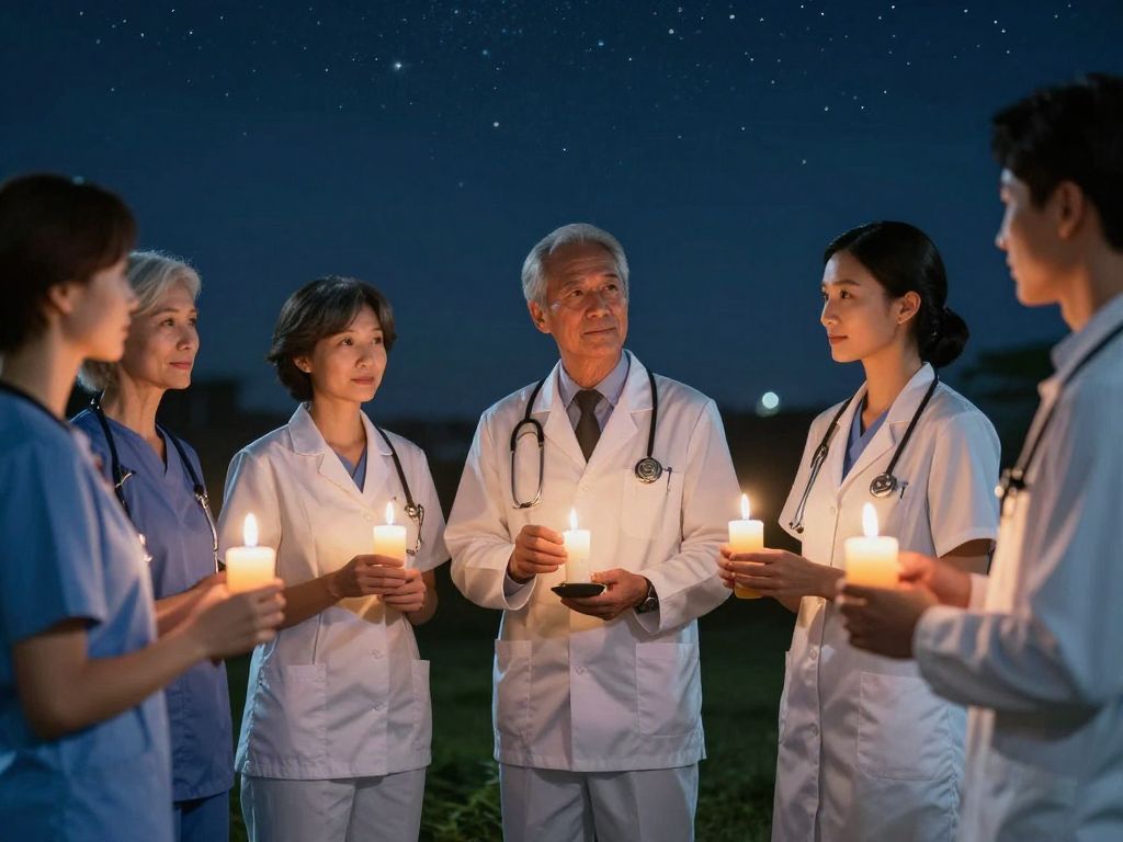 Healthcare workers holding candles during a vigil in Kansas City