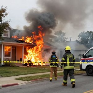 Firefighters at the scene of a house fire in Kansas City, Missouri
