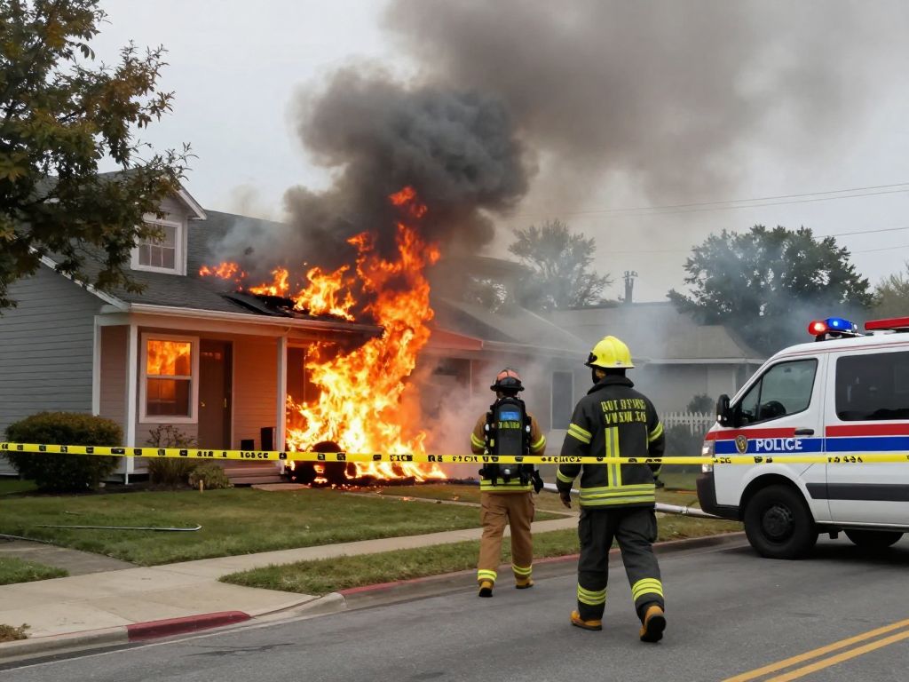 Firefighters at the scene of a house fire in Kansas City, Missouri